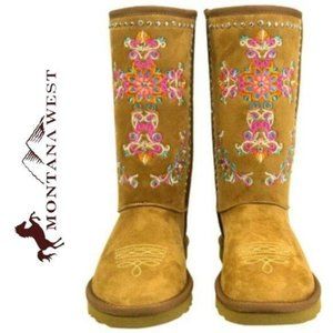 MONTANA WEST Tan Cross Embroidered Shearling Faux Suede Boots Sizes
